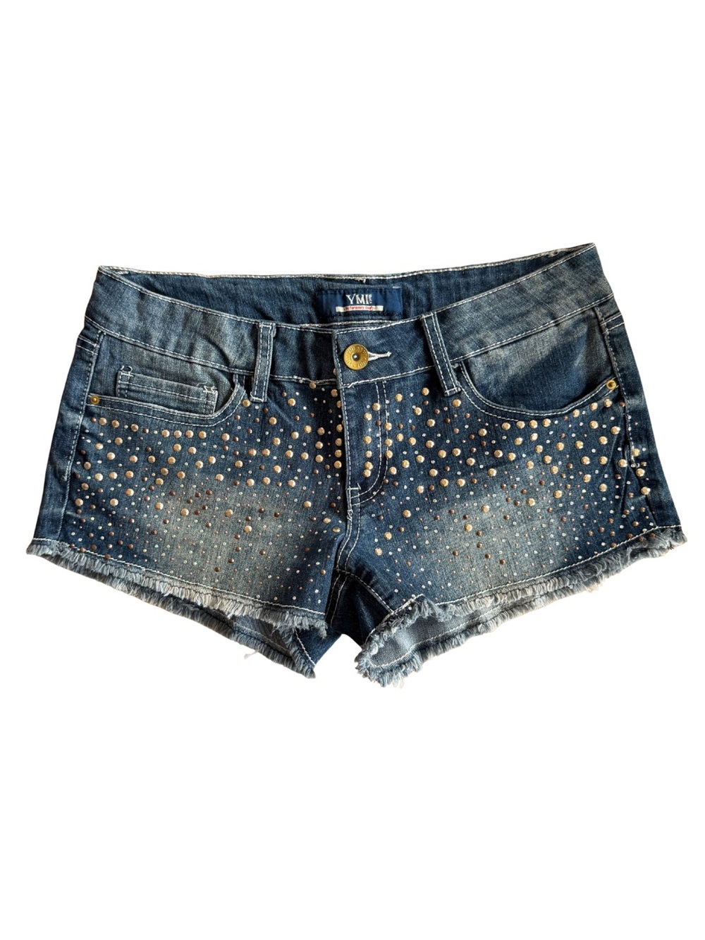 YMI Studded Dark Blue Denim Cutoff Shorts Womens Junior Size 5 Y2K Rhinestone